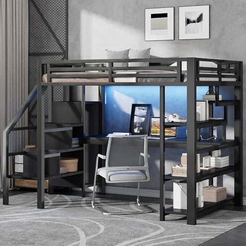 Cama alta de 140 x 200 cm, color negro, con escritorio, cama doble LED, cama de metal, armario, estable, litera, escalera, moderna, loft, marco de metal para adultos (sin colchón)