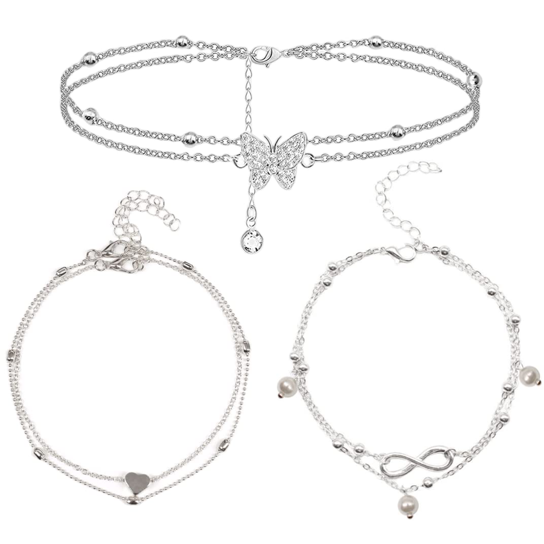XINTONG3 Pcs Ankle Bracelets for Women Adjustable Foot Bracelet Beach Pendant Women's Ankle Chain for Women Girls（Silver）