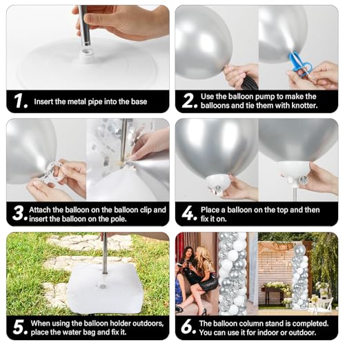 Image of 2 Sets Silver and White Balloon Column Stand Kit with 100 Balloons Silver Balloon Tower Stand with Bases for Floor Confetti Balloons Column Kit for Wedding Graduation Birthday Disco Prom Party Decor