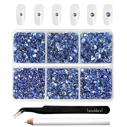 Beadsland 4300pcs Flatback Nail Rhinestones,Light Blue Rhinestones Round Crystal Gems for Crafts,Mixed 6 Sizes with Picking Tweezers and Wax Pencil Kit