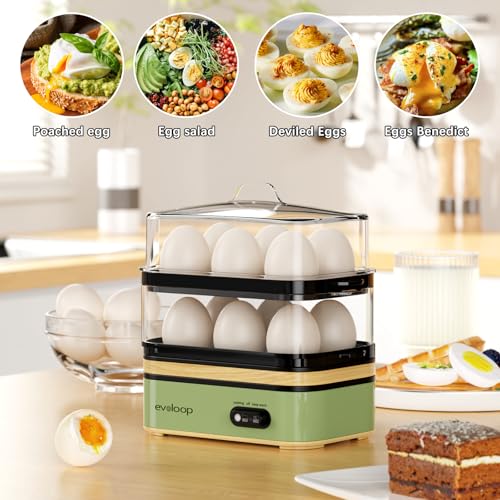 Image of Evoloop Rapid Egg Cooker Electric 12 Eggs Capacity, Soft, Medium, Hard Boiled, Poached, Omelet Maker Egg Poacher & Vegetable Steamer, BPA Free Tray（Green）