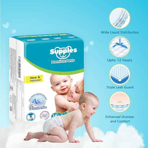 Image of Amazon Brand - Supples Premium Baby Diaper Pants | 14 Baby Diapers | Large | 9-14 Kg | 12 Hrs Absorption | Cushiony Cotton Soft Fabric | Phthalates-Free | Triple Leak Guard