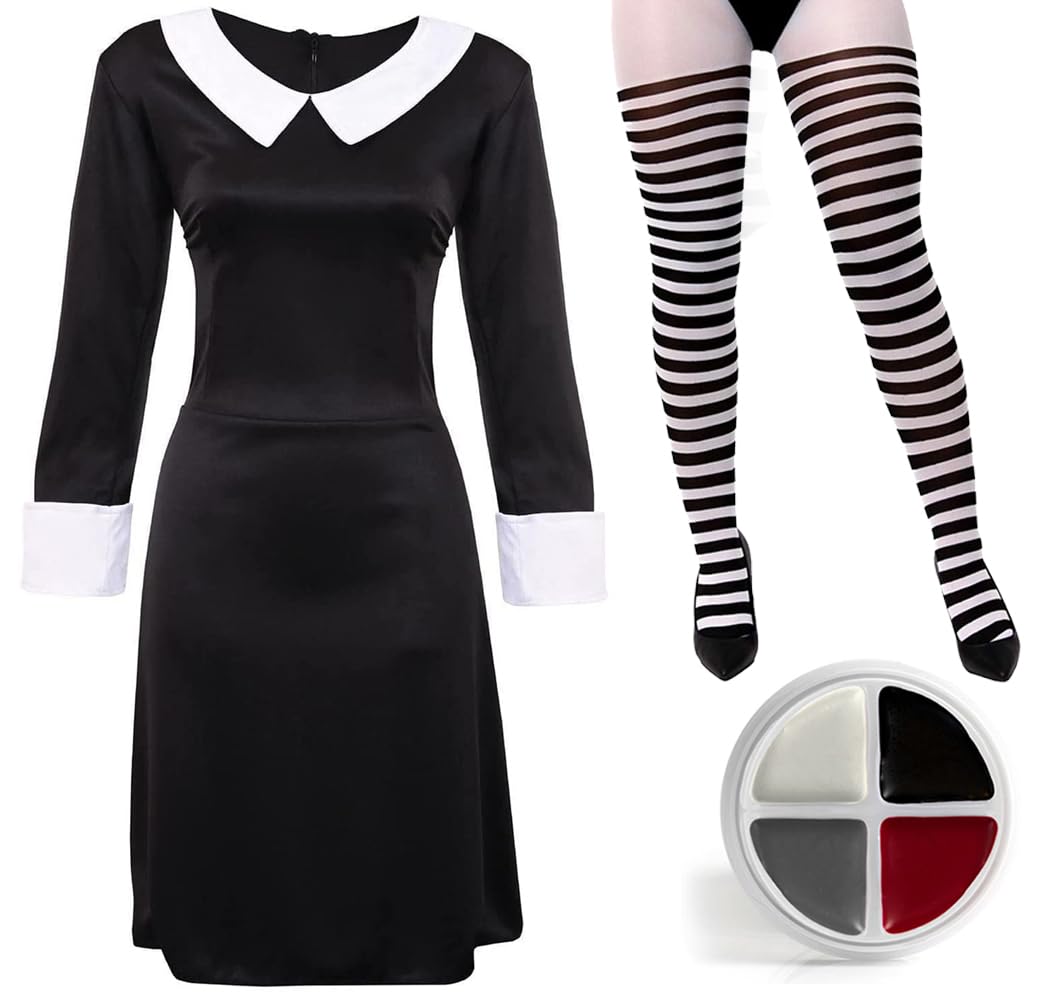 I LOVE FANCY DRESSLadies Gothic Manor Daughter Fancy Dress Costume - Adult's Wednesday Halloween Costume - Long Black Collared Dres, Tights & Facepaint
