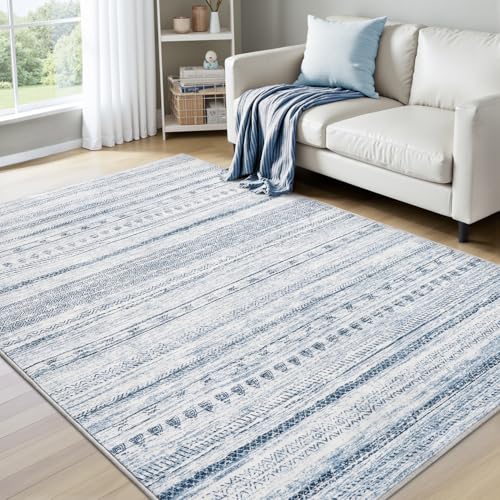 4x6 Area Rugs for Living Room Machine Washable Rug Distressed Indoor Carpet Neutral Moroccan Boho Rug Ultra Soft Area Rug for Bedroom Dining Room Playroom Office, Blue