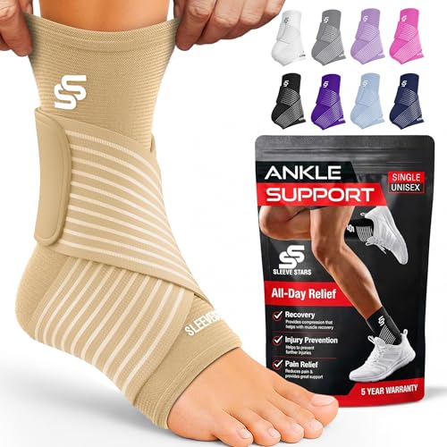 Sleeve Stars Ankle Brace for Women & Men, Ankle Wrap for Sprained Ankle, Compression Sleeve for Plantar Fasciitis Relief, Easy Customizable Support: w/Removable Strap (Single/M:10'-12'/Beige)