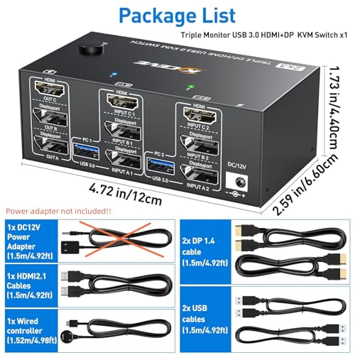 Image of KVM Switch 3 Monitors 2 Computers HDMI + DisplayPort, 8K@30Hz /4k@144Hz KVM Switcher for 2 Computer Share 3 Display and 4 USB 3.0 Devices