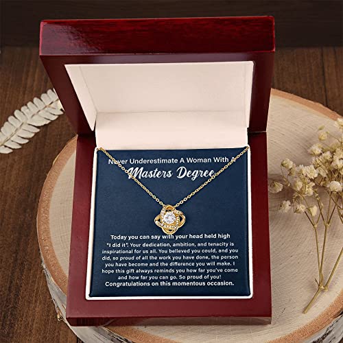 Jewelayer Never Underestimate A Woman With Masters Degree Graduation Necklace, Love Knot Pendant Necklaces With Jewelry Box Gift On Birthday, Christmas, Anniversary & Graduation Day, Aesthetic Jewelry Gift For Her Inspirational Quote For Graduate Woman. (B- 18K Yellow Gold Finish (Luxury Box)) #TOP1