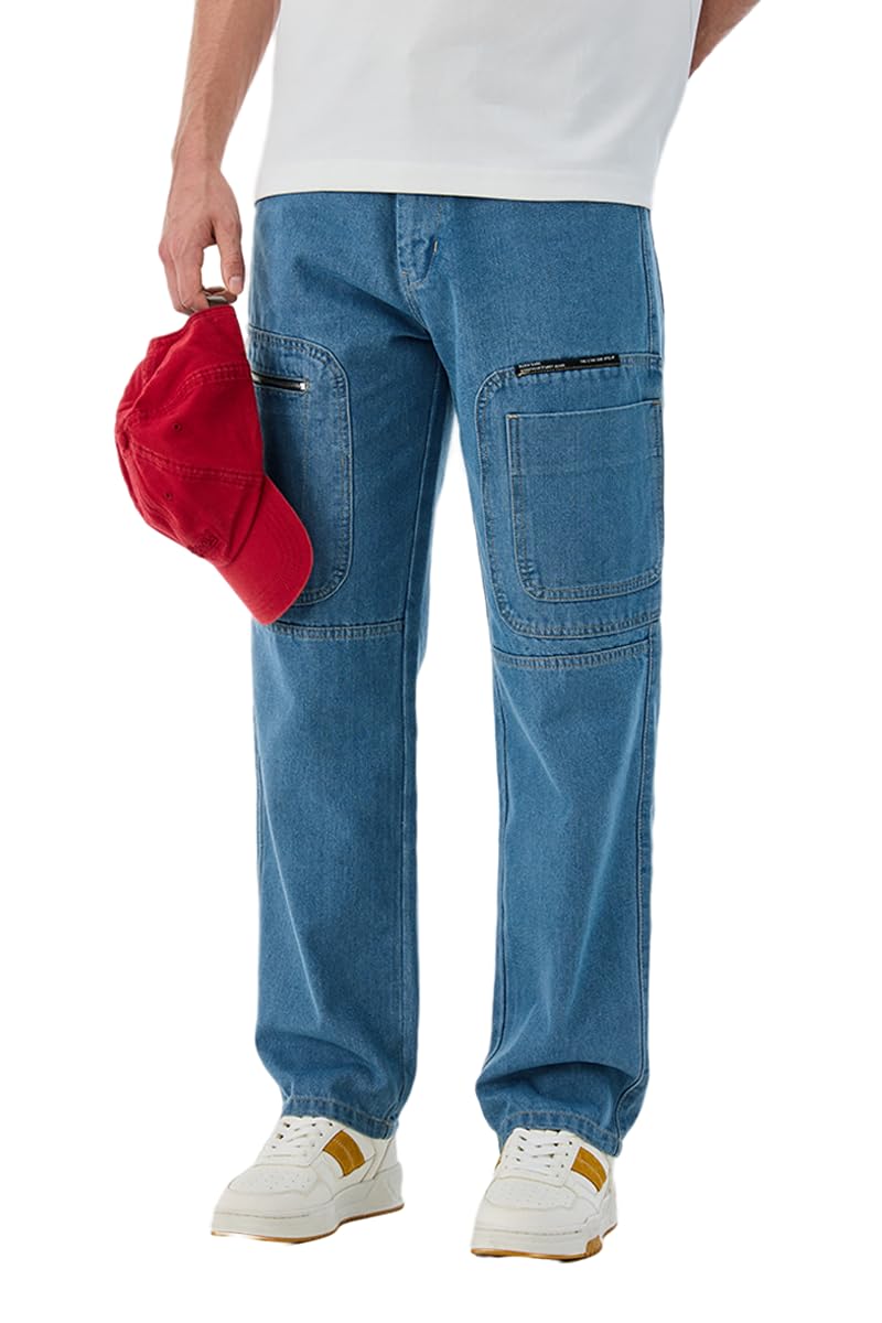 Men Cargo Pants for Street Wear | Regular Fit Mid Rise Solid Style with 6 Pockets | 100% Cotton Non-Stretchable Twill Fabric for Casual Outings | Blue-image-41
