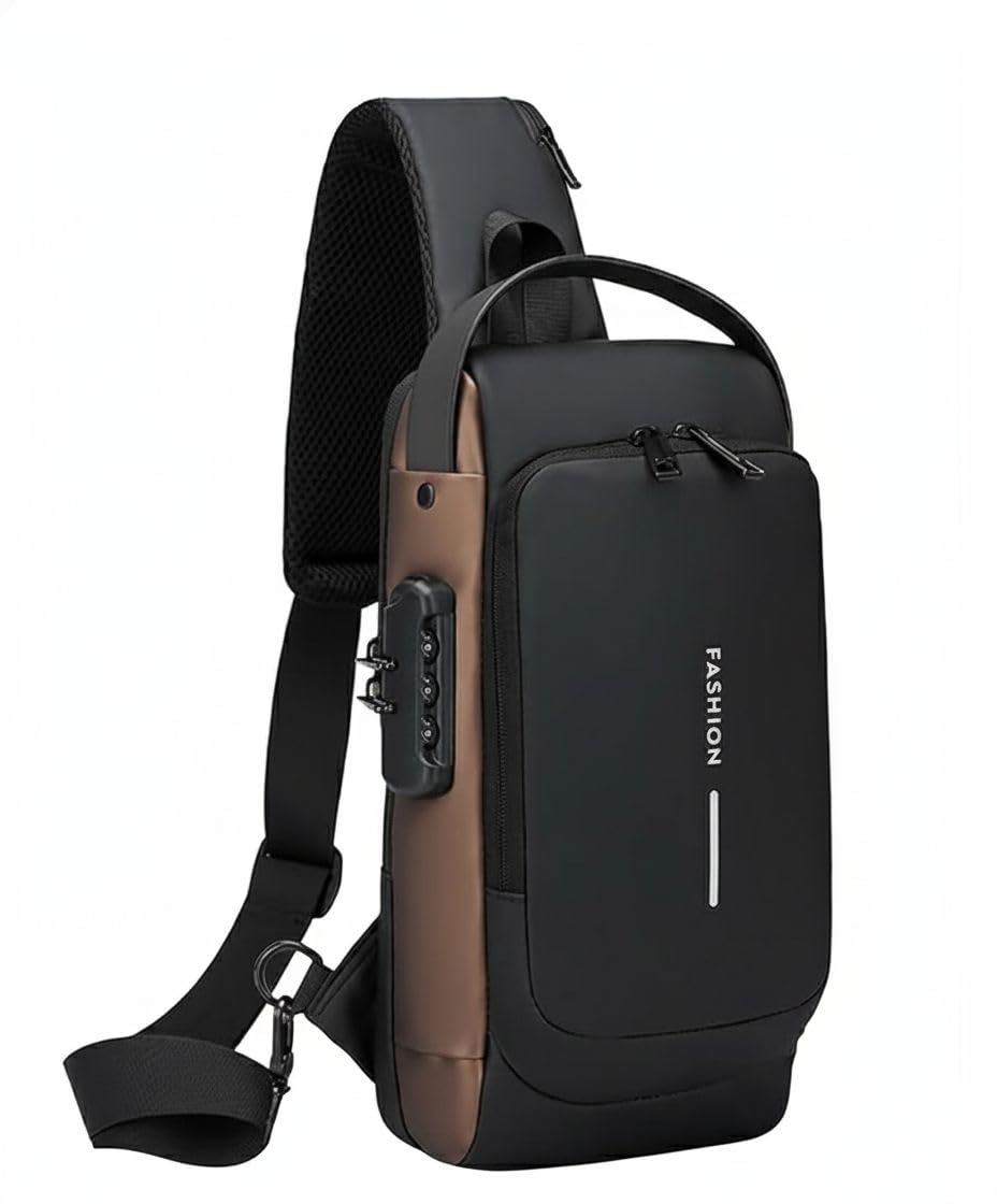 FASHION Anti-Theft Sling Bag for Men, Waterproof Oxford Fabric Crossbody Backpack with USB Charging Port, Combination Lock, Reflective Strip, Black and Brown-picture-39