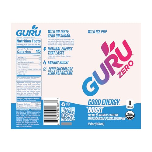 Image of GURU Zero Sugar Energy Drink, Ice Pop Organic Sparkling Energy Drink with 140 MG Natural Caffeine & Coconut Water for Workouts, Performance & Midday Boost, Gluten Free, Vegan, 12 Fl Oz, 24 Pack