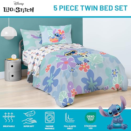 Image of Disney Lilo and Stitch Twin Comforter Set 5 Piece Kids Bedding, Multi | Bed in a Bag, Comforter Sheets Sham Pillowcase, Official Product, Soft Microfiber, Machine Washable, Easy Care, Girls Gift