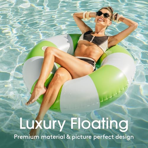 Image of FUNBOY Giant Green & Blue Stripe Inflatable Pool Float with Cup Holder, 48 inch Adult Inner Tube Swim Ring Pool Lounger