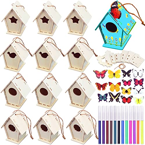 Outus 12 Pcs Wooden Birdhouse Craft Kits to Build, 4 Shapes Wooden Unfinished Bird House with Watercolor Pen and Butterfly Sticker for Boy and Girl Arts and Crafts Bulk Painting Kits (Classic Style)