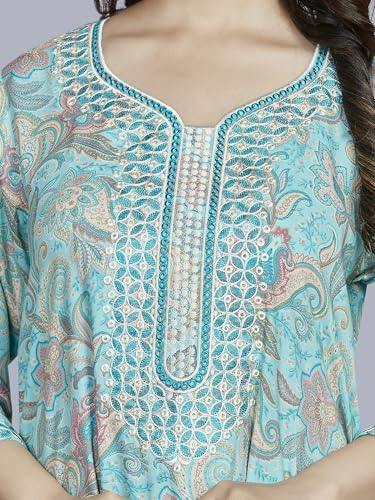 Image of sanaa Women Printed Embroidered Viscose Kaftan Nightdress