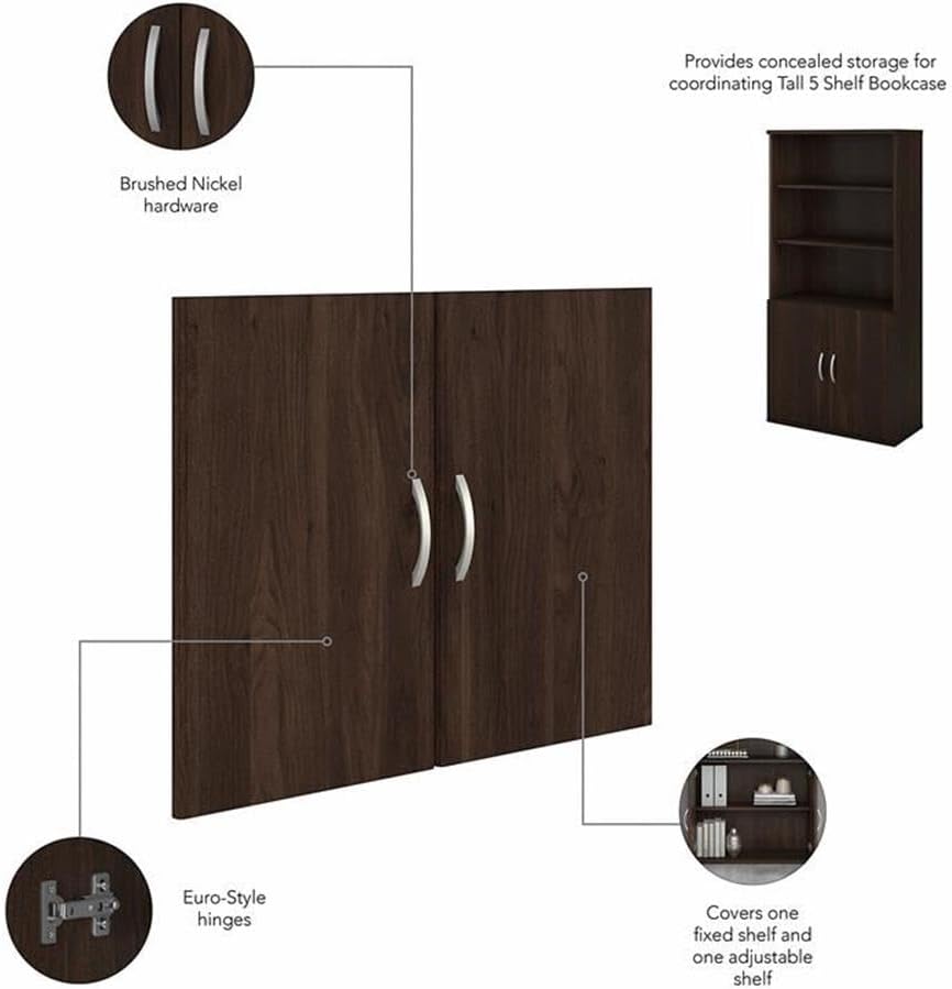 Pemberly Row Tall 5 Shelf Bookcase, Black Walnut Finish, Adjustable Shelves and Cabinet Doors, 36W x 15.43D x 72.8H, Modern Home or Office Display and Storage Solution