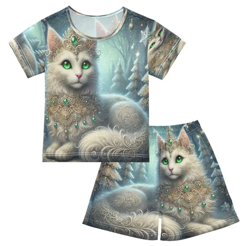 Winter Cat Christmas Trees Cute Pajama Set Short Sleeve Pajamas Shorts Sets Cotton Soft Loungewear Sleepwear 5Y