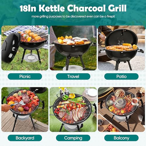 Image of HaSteeL 18 Inch Charcoal Grill, Black Kettle Outdoor Barbecue Grill, 2-In-1 Portable BBQ Grill with Wheels for Camping Backyard Patio Picnic, Porcelain-Enameled Lid & Fire Bowl, 254.SQ.IN Cooking Area