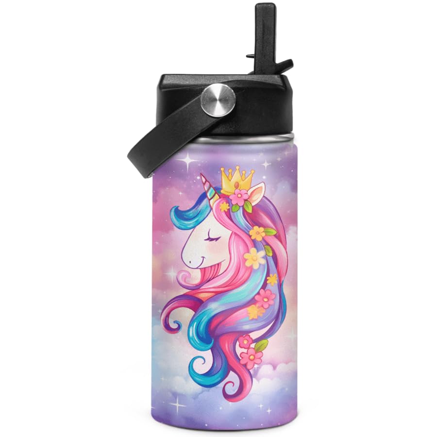 SANDJEST Unicorn Kids Water Bottle Insulated Water Bottles 12oz with Straw Stainless Steel Travel School Tumbler Double Wall Vacuum Cup for Girls Kid Boys