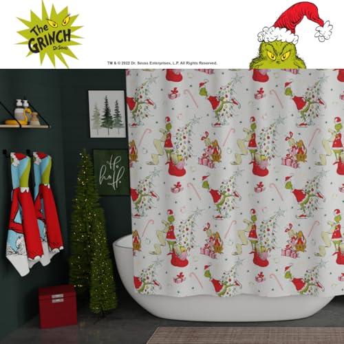 Image of Grinch Holiday Christmas 13-Piece Shower Curtain Set, 72 x 72 Inch Fabric Curtain with Hooks, Bathroom Decor, Machine Washable, (100% Officially Licensed Product) by Franco Collectibles