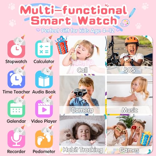 Image of 4G Kids Smart Watch - Smartwatch for Kids with Call SOS Music Camera Video Alarm Pedometer Calculator Stopwatch Educational Games, Smart Watch Phone with SIM Card for Boys Girls Ages 4-12(Pink)