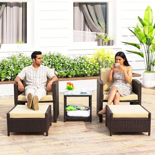 Image of DEVOKO Valencia Outdoor 5 Piece All Weather Rattan Wicker Patio Sofa Set with Water Resistant Cushioned Chairs with Glass Top Table & Ottomans for Garden, Pool, Porch, Backyard (Dark Brown & Cream)