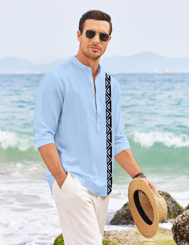 Image of FINIVO FASHION Men's Short Kurta with Printed Geometric Side Panel | Cotton Blend Full Sleeve Ethnic Topwear with Mandarin Collar | Stylish Indo-Fusion Kurta for Daily, Festive, or Casual Wear