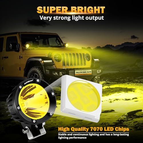 Image of Auxbeam C4 Series LED Pods 4In 72W Amber Fog Light, Round Spot Offroad Light, 2PCS 7200LM Amber Light Pod with Wiring Harness Kit, Driving Light Yellow Ditch Light for Jeep Motor SUV ATV UTV Wrangler