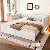 Dolamaní Polsterbett Schlafsofa von 90x200 bis 180x200 cm mit LED-Beleuchtung, Stabiler Metall-Holz-Rahmen, Ausziehbett gleiche höhe, Jugendbett Tagesbett Gästebett, Leinen,ohne Matratze (Beige A)