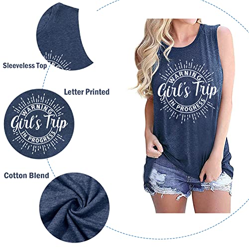 Image of Women Vacation Tank Tops Summer Warning Girls Trip in Progress Shirts Letter Printed Graphic Sleeveless Tee