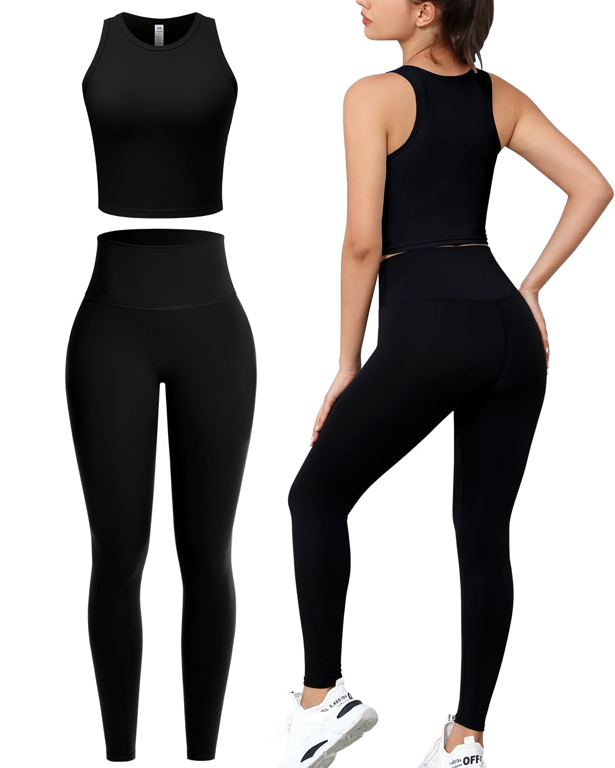 Workout Sets for Women 2 Piece Seamless High-Waisted Leggings Sleeveless Crew Neck Crop Tops for Yoga Gym Activewear
