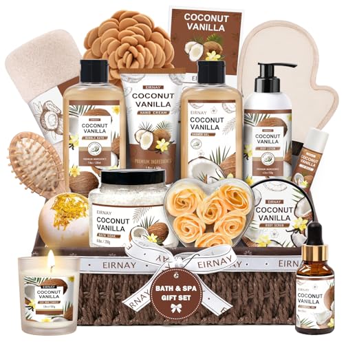 Gifts For Women - 16 PCS Birthday Gift Basket for Women Set of Coconut Vanilla Self Pampering Set Includes Luxurious Home Spa Shower Gel Bubble Bath