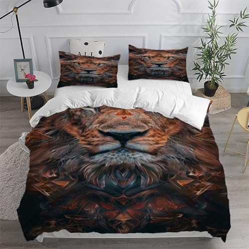 Housse de couette lion 3 pièces 260x220cm en microfibre douce avec fermeture éclair pour lit adulte