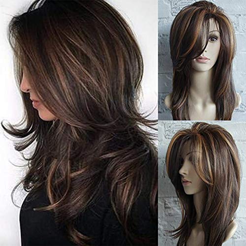 Curly Wigs Ombre Brown Wig Layered Wigs with Bangs Synthetic Hair Heat Resistant Premium Natural Hair Replacement for White and Black Women 130
