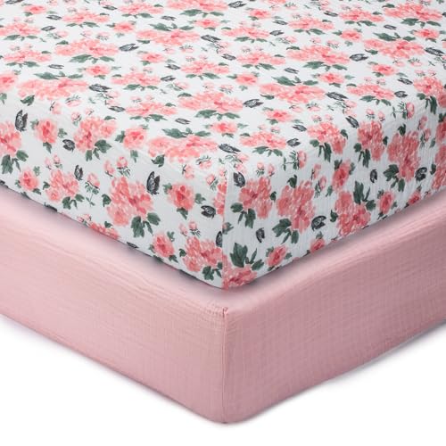Image of LollyBanks Muslin Crib Sheet, 100% Cotton Fitted Crib Sheets for Girls | 2 Pack, Lightweight airy weave, full elastic hem for a snug fit on 52 x 28 in standard mattresses (Pink Peony and Solid Pink)