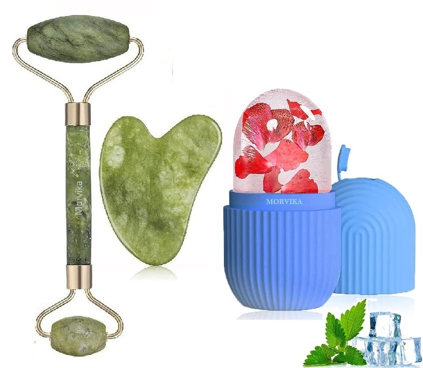 MORVIKA Face Massager Jade Roller & Gua Sha Tool 100% Natural Stone, Ice Roller Face Massager,