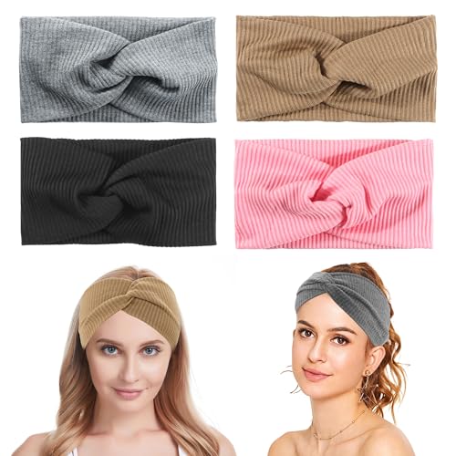 4 Piezas Bandas de Pelo Mujer, Diadema Turbante, Cinta para Pelo de Cabeza de Algodón, para Deportes,Correr, Ejercicio o Gimnasio (4 Colores)