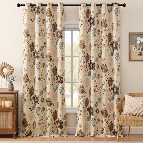 Image of XiDi Extra Long Beige Floral Blackout Curtains 108 Inches Long 2 Panels