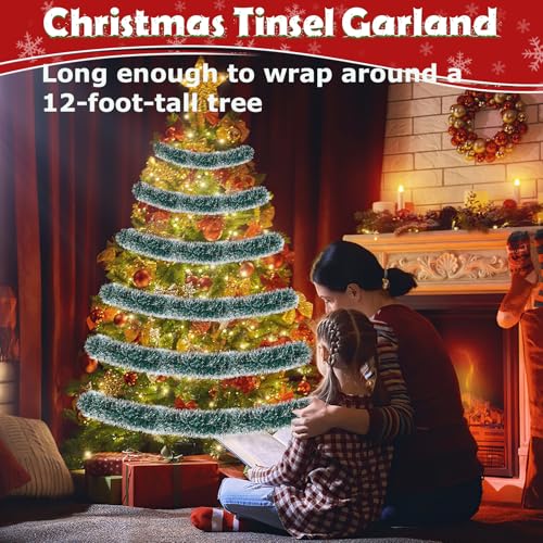 Image of 50ft Green & White Christmas Tinsel Garland - Metallic Glitter Twist Garland Hanging Streamers for Xmas Tree Decorations Indoor /Outdoor Decor