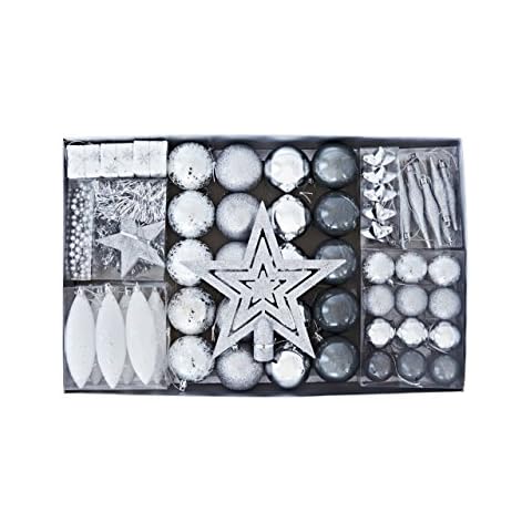 HEITMANN DECO Weihnachtsbaum-Schmuck - Silber - 60-teilig - Set inkl. Baumspitze, Kugeln, Perlkette, Girlande und Sterne - Kunststoff Cover