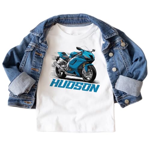 Personalized Blue Sport Bike Kids Shirt - Custom Name Race Motorcycle Birthday Outfit For Boys - Natural Toddler Youth Kids Clothing2