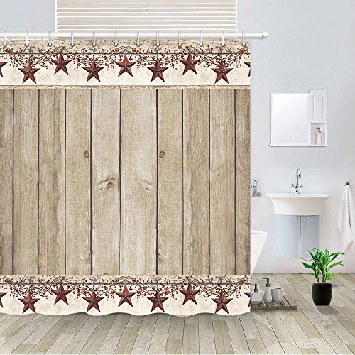 Rusitc Wood Boards Shower Curtain, Western Texas Star And Primitive Berries On Country Wooden Plank Bath Curtains, Polyester Fabric Bathroom Country Barn Farmhouse Shower Curtain 12Pcs Hooks, 69X70In #TOP2