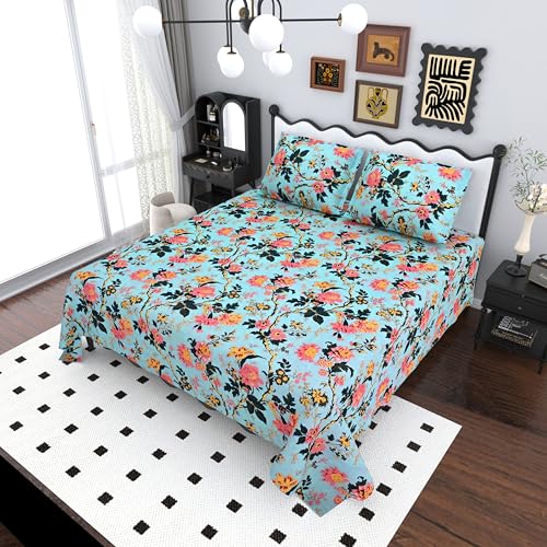 Image of Mafatlal Saanjh 144 TC Summer Ready Cotton King Bedding 108x108 Inch | Cooling Air Circulation Fabric | Elegant Floral Print | Ethnic Look | Lightweight Bedroom Essential | Pillow Cover | Tinted Aqua