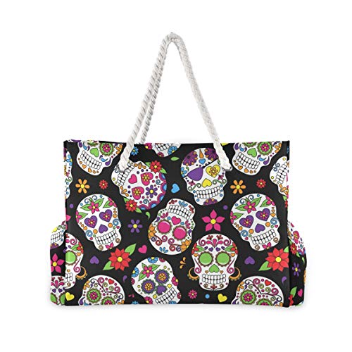 ALAZA Beach Bag, Day of the Dead Sugar Skull Halloween Travel Tote Bags for Camping, Exercise2