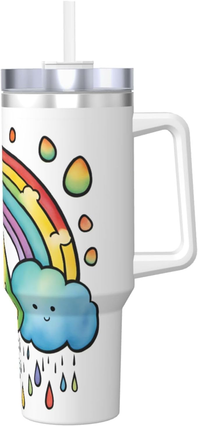 40 OZ Rainbow Clouds Raindrop 1 Print Ice Bully Cup with Handle Straw Lid Straw,Stainless Steel Tumbler Coffee Cup