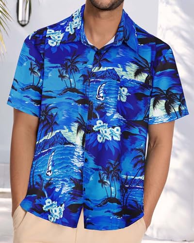 Image of Men Hawaiian Shirt Short Sleeve Summer Beach Button Down Shirts with Pocket