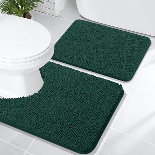 Image of OLANLY Bathroom Rugs Sets 2 Piece, Soft Absorbent Chenille Bath Mats and U-Shaped Contour Toilet Rug Set, Machine Washable Bath Carpet, Home Decor Accessories(24 inchx16 inch+24 inchx20 inch, Blackish Green)