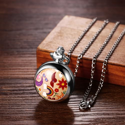 Image of Avaner Flower Printing Pocket Watches: Colorful Flower Analog Quartz Silver Pocket Watches with Chain for Men and Women