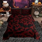 Castle Fairy Happy Halloween Comforter Set Twin Size,Black Bats Animal Print Silhouette Bedding Set for Kids Boys Men,Happy Holiday Gothic Style Red Quilted Duvet Set with 1 Pillowcase