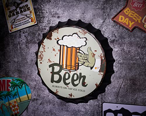 Image of EAZYWAGON Decorative Metal Bottle Caps Wall Sign Plates - 14X14 Inches - Beer-Always-On-Tap | Metal Wall Hanging Bottle Cap for Home, Farmhouse, Bar & Cafe Decoration | Vintage & Retro Look Plaques