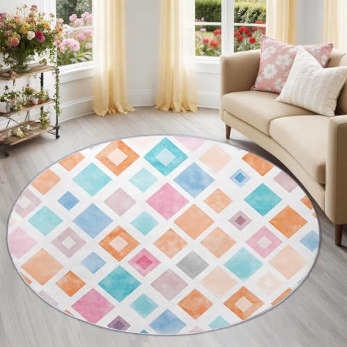 Tapis rond lavable machine 100 cm multicolore à poil bas et antidérapant - 2